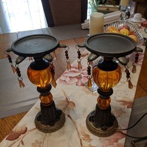 Pair of Vintage Acrylic Orange Black Gold Candle Holders